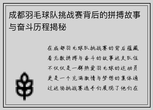 成都羽毛球队挑战赛背后的拼搏故事与奋斗历程揭秘
